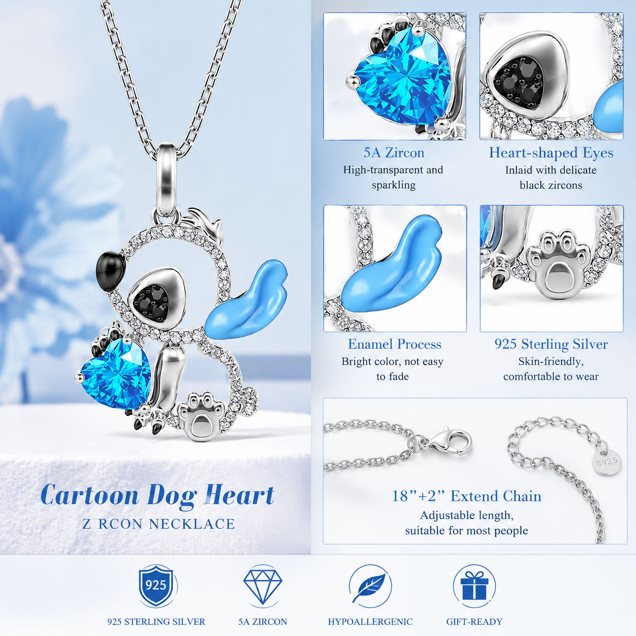 Collar de plata de ley personalizado Blacin "Little Monster" Blue Ear Heart Cut