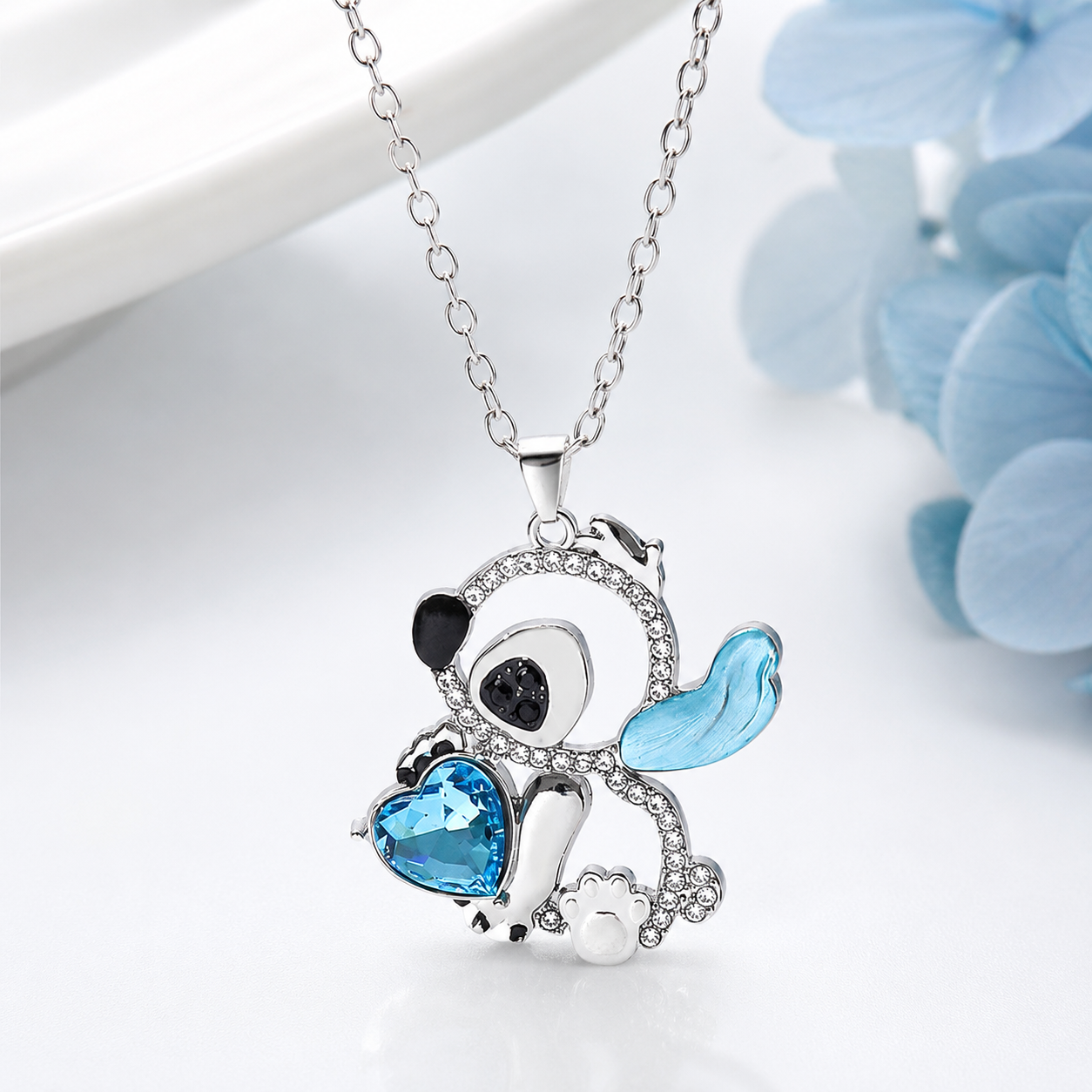Collar de plata de ley personalizado Blacin "Little Monster" Blue Ear Heart Cut