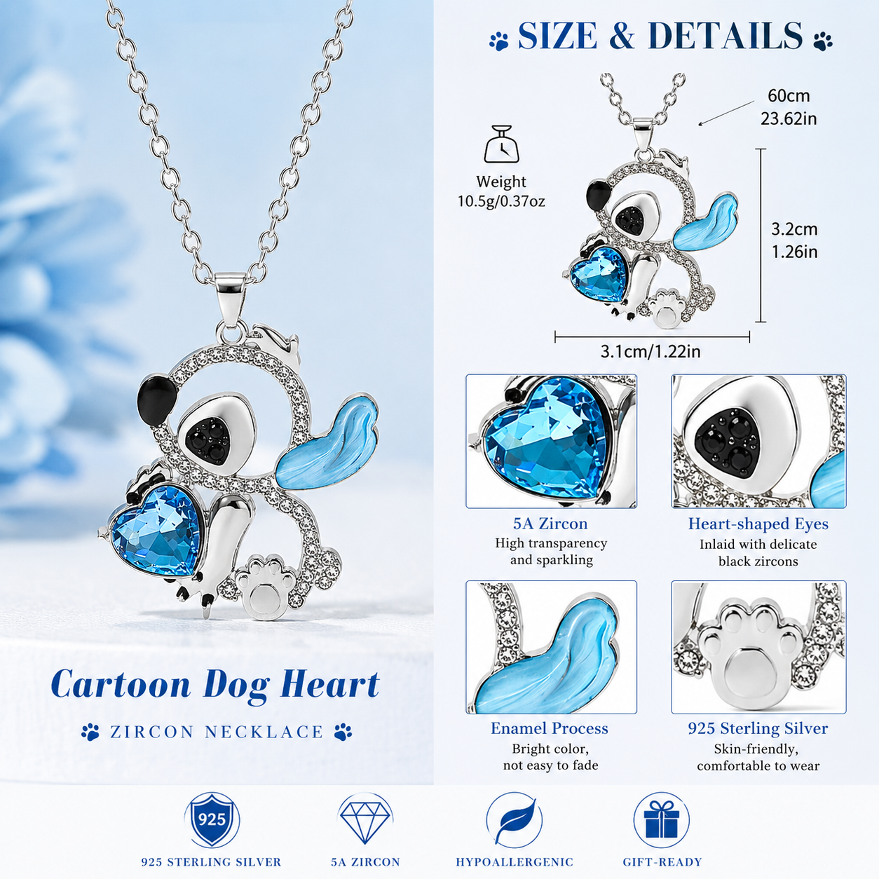 Collar de plata de ley personalizado Blacin "Little Monster" Blue Ear Heart Cut