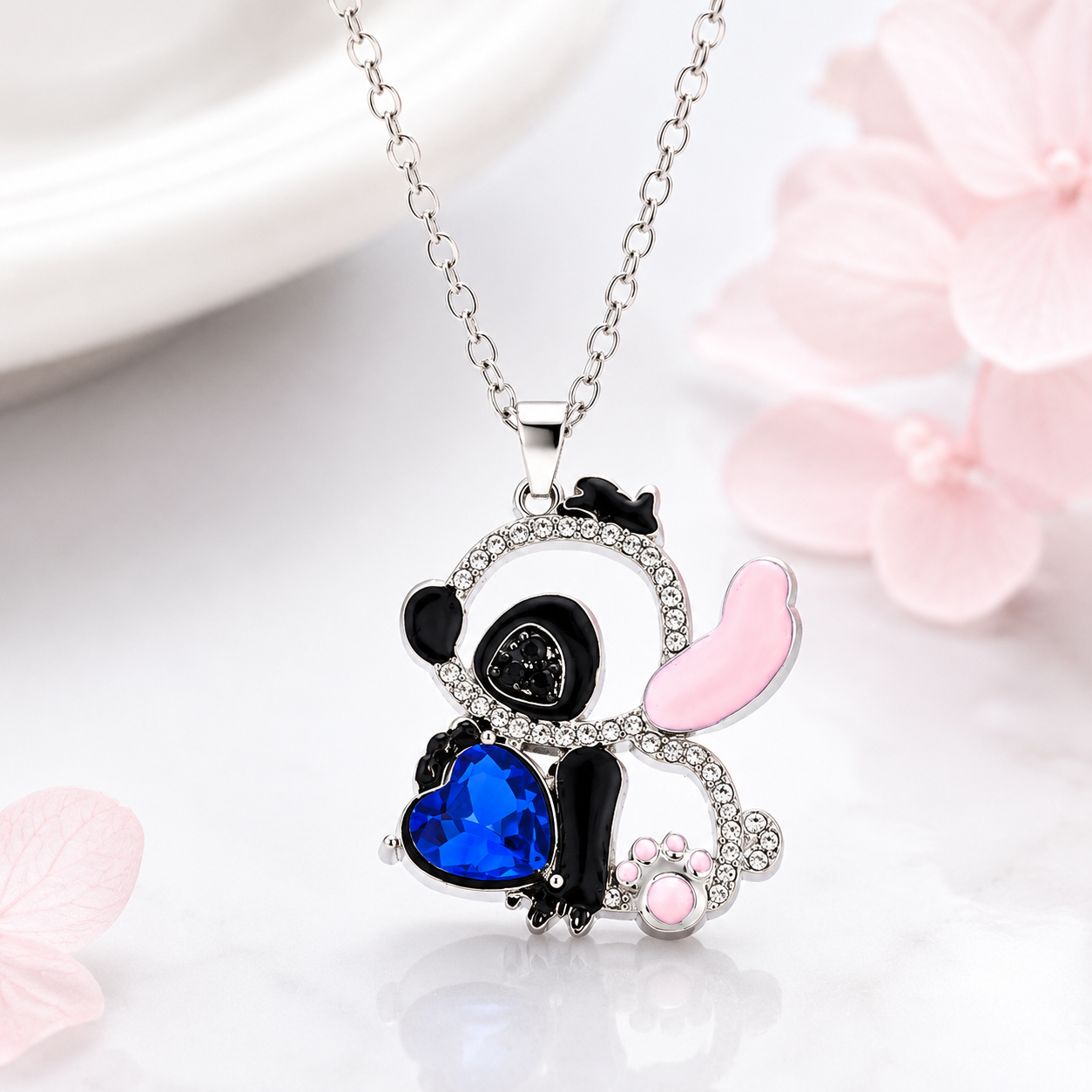 Collar de plata de ley personalizado Blacin "Little Monster" Blue Ear Heart Cut