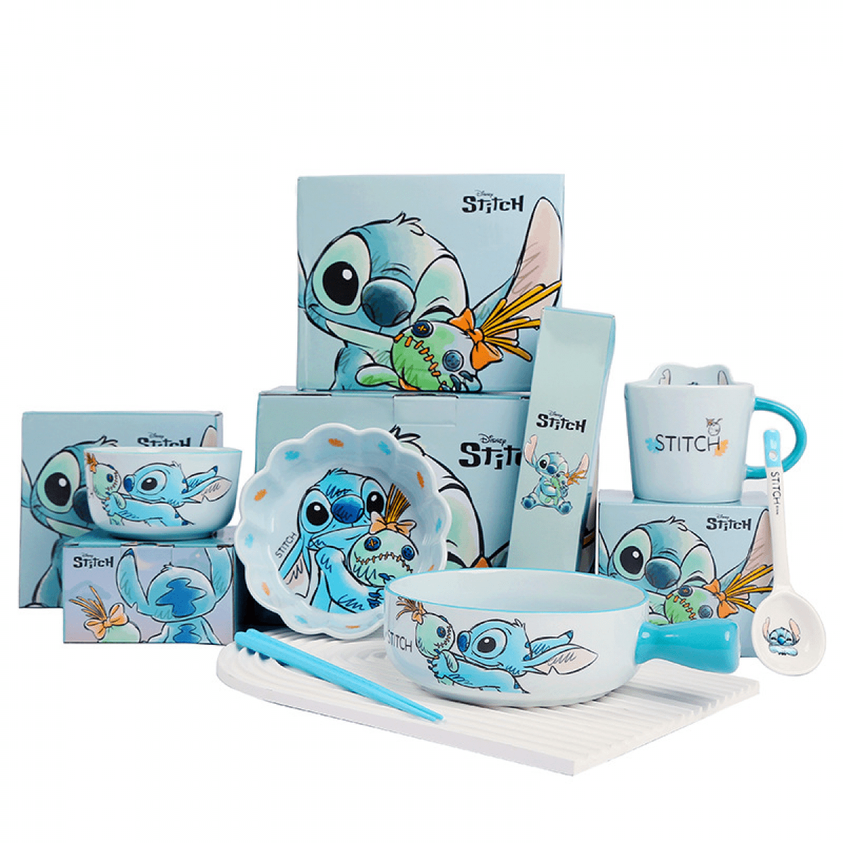 ZOOUSQII Ceramic Dinnerware Set - Cute Rice Bowls, Plates, and Chopsticks Gift Box